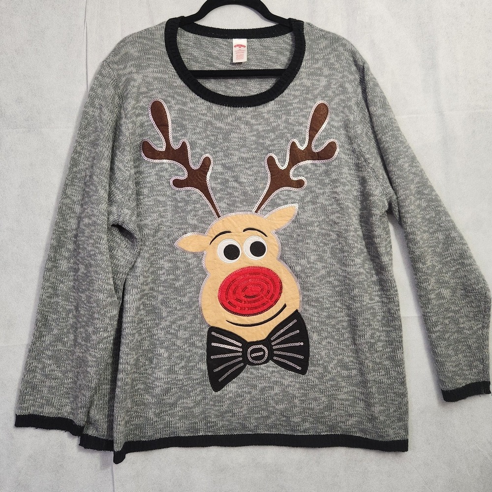 Holiday Time Sweater Womens 3X 22W/24WGray Reindeer Sequins Long Sleeve